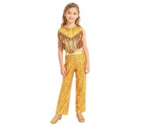 winying Costume da discoteca da bambina anni '70 anni '80, costume da ballo per bambini, per tutti i giorni, anni '70, con pailette, canotta, pantaloni dorati 122-128