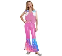 winying Costume hippie, da bambina, senza maniche, con pantaloni a zampa, da cowgirl, per carnevale, colore rosa, 158-164