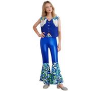 winying Costume hippie da bambina, senza maniche, con pantaloni a zampa, per carnevale, blu reale 146-152