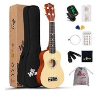 Winzz Kit di base per ukulele soprano per principianti, con custodia, sintonizzatore clip on, corde aggiuntive, cinghia, plettro, adesivo tastiera, carta di accordo, panno lucidante, colore naturale