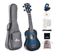 Winzz Ukulele Concerto per principianti, set per bambini, adulti, design unico, con tasca, accordatore, corde aggiuntive, cinghia, adesivi per note (blu vintage, 21 pollici)