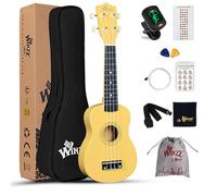Winzz Ukulele Soprano Adulti, Ukulele Bambini Legno, 21 Pollici Ukulele Principianti, Giallo Bambino Scuola Media Kit con 9 Accessori, Adesivo per Tastiera, Carta degli Accordi
