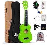 Winzz Ukulele soprano Starter Kit per principianti con borsa, accordatore a clip, corde extra, cinghia, plettri, adesivi per tasti, scheda accordi, panno per lucidatura, verde chiaro