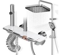 Wiorhix Colonna Doccia con Miscelatore, Set Doccia Soffione e Doccetta a Man, Pannello Comando Piano 4 Funzioni, Asta Saliscendi Altezza Regolabile, Corpo in Ottone Massiccio e Vetro Temperato-Bianco