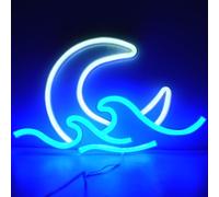 WIOSOUL Moon Wave Neon Sign - Lampada da parete a LED con luna blu sul mare, alimentata a USB/a batteria, 29,5 x 18 cm, decorazione per la stanza degli anime, per giochi e camera da letto, per uomini