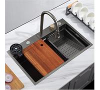 WIQUYBML Lavello da Cucina a Cascata, in Acciaio Inox Commerciale con Rubinetto, Vasca per Verdure Multifunzionale Singola per casa, Ristorante, Scuola (Dimensioni: 68 * 45 * 22 cm, Colore: Nero)