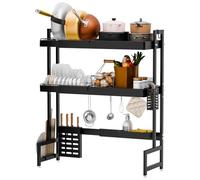 WIQUYBML Scolapiatti da appoggio sopra Il lavello, Estensibile da 63,5 a 99 cm, a 2 Livelli con portautensili, Contenitore per Bacchette, Supporto per Ciotole e pentole, scaffale per Piano