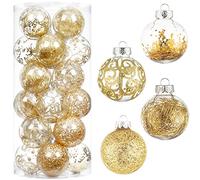 Wironlst Set di palline di Natale da 70 mm, infrangibili, in plastica trasparente, grandi, da appendere, con delicate decorazioni farcite (24 pezzi, oro)