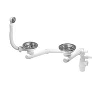 Wirquin 30723182 - Set completo di piletta e sifone per lavello 2 vasche con troppopieno rettangolare e presa lavatrice, cromato e bianco