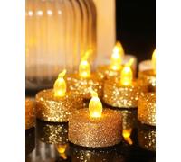 wisdom line Candele LED glitterate Dorato, confezione da 8 scaldapiatti senza fiamma con timer, 3,6 x 3,6 cm, alimentate a batteria CR2032, decorazione per Natale e feste