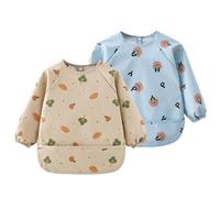 Wisebom Bavaglino a Maniche Lunga, 2Pcs Bavaglino a Pappa Svezzamento in Tessuto PU Impermeabile Bavaglino per Bambini Facile da Pulire e Lavabile in Lavatrice per Bambini da 6 a 36 Mesi