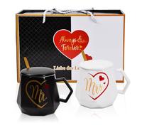 Wisebom Mr e Mrs Tazze di Ceramica Tazze da Caffè Mr E Mrs Coppia Regalo per Coppie per Matrimonio Anniversario Tazzine Tazze da Caffè Mr e Mrs Coppia Set Regalo con Coperchi e Cucchiaini