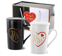 Wisebom Mr e Mrs Tazze di Ceramica Tazze da Caffè Mr E Mrs Coppia Regalo per Coppie per Matrimonio Anniversario Tazzine Tazze da Caffè Mr e Mrs Coppia Set Regalo con Coperchi e Cucchiaini(400ml)
