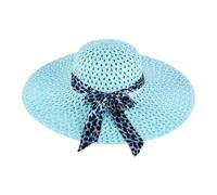 WISEHUBY Cappello da sole estivo da donna, cappello da spiaggia con fiocco protettivo dal sole, cappello di paglia traspirante a tesa larga casual ed elegante - blu - bianco