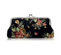 WisePoint Portamonete da donna, portamonete in tela da donna, portamonete con chiusura a bacio, con motivo a rose, per shopping, appuntamenti, viaggi, lavoro, nero, Portamonete