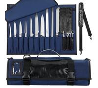 WISEPRO Borsa arrotolabile per coltelli da chef, in tela resistente e pelle, custodia impermeabile per coltelli con 10 scomparti e 1 custodia rimovibile, per casa, cucina, campeggio, escursionismo