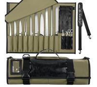 WISEPRO Borsa arrotolabile per coltelli da chef, in tela resistente e pelle, custodia impermeabile per coltelli con 10 scomparti e 1 custodia rimovibile, per casa, cucina, campeggio, escursionismo