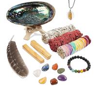 Wish Well Kit per sbavature di salvia ~ Sangue di drago, salvia chakra, bastoncino di salvia bianca, 2 bastoncini di Palo Santo, conchiglia di abalone, supporto, piuma, 7 pietre chakra e braccialetto