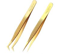 Wishbeauty - Pinzette per extension per ciglia, 2 pezzi, dorate, con isolamento dritto professionale e punta curva, per ciglia classiche, volumizzanti 3D 5D e visone