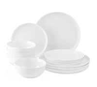 WishDeco Set di stoviglie in porcellana da 12 pezzi, per 4 persone, 4 ciotole da 15 cm, 4 piatti da 20 cm, 4 piatti da 27 cm, adatti al microonde e alla lavastoviglie, colore: bianco