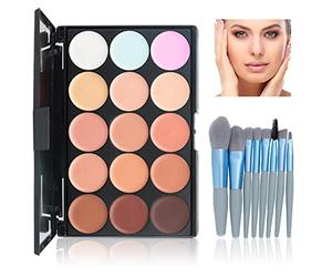 WishesMar Palette Correttori 15 Colori Concealer Crema Camouflage Make Up Palette con 8 Pezzi Pennello da Trucco Adatto per Uso Professionale e Quotidiano #A