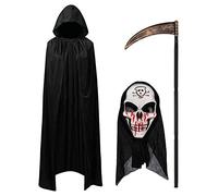 Wishstar Halloween Mantello con Cappuccio, Halloween Costume con Maschera Falce, Mantello Nero Halloween, Unisex Costume Halloween Carnevale Masquerade