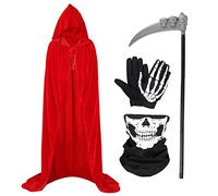 Wishstar Mantello con Cappuccio per Halloween, Costume Vampiro in Velluto con Scheletro Maschera Guanti Falce, per Carnevale Masquerade (Rosso, L)
