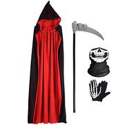 Wishstar Mantello Vampiro con Cappuccio, Costume Halloween Vampiro, Mantello Velluto Scheletro Maschera Guanti Falce, Costume Carnevale Mascherata (Nero Rosso, L)