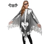 WISHTEN Poncho da donna con scheletro in pizzo, mantello scialle con maschera da pipistrello, costume di Halloween da donna