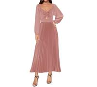 WISIYLE Abiti da damigella d'onore a maniche lunghe per matrimonio con scollo a V in raso formale da sera party maxi abito lunghezza tè WQL012, Rosa polvere, 48