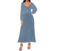 WISIYLE Abiti da damigella d'onore a maniche lunghe per matrimonio con scollo a V in raso formale da sera party maxi abito lunghezza tè WQL012, Blu polvere., 48