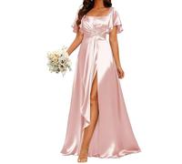 WISIYLE Abiti da damigella d'onore in raso per matrimonio maniche a volant pieghe formale sera partito maxi abito con fessura WQL022, Rosa cipria, 48