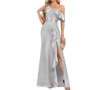 WISIYLE Abiti da damigella d'onore in raso per matrimonio una spalla pieghettata una linea formale da sera abito maxi con fessura WQL036, Argento, 48