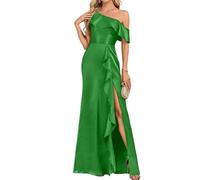 WISIYLE Abiti da damigella d'onore in raso per matrimonio una spalla pieghettata una linea formale da sera abito maxi con fessura WQL036, Verde, 54 Più