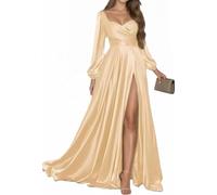 WISIYLE Abito da damigella d'onore a maniche lunghe in raso da donna Sweetheart Una linea abito formale con fessura DSJ019, Champagne, 48