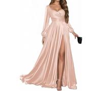 WISIYLE Abito da damigella d'onore a maniche lunghe in raso da donna Sweetheart Una linea abito formale con fessura DSJ019, Pesca, 56