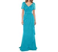 WISIYLE Abito da donna in chiffon con scollo a V per madre della sposa Una linea di applique in pizzo manica corta abiti da sera formali DSJC159, Acqua, 46