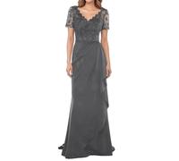 WISIYLE Abito da donna in chiffon con scollo a V per madre della sposa Una linea di applique in pizzo manica corta abiti da sera formali DSJC159, Grigio, 42