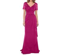 WISIYLE Abito da donna in chiffon con scollo a V per madre della sposa Una linea di applique in pizzo manica corta abiti da sera formali DSJC159, Fucsia, 46