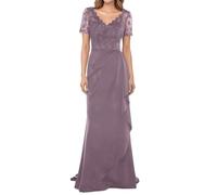 WISIYLE Abito da donna in chiffon con scollo a V per madre della sposa Una linea di applique in pizzo manica corta abiti da sera formali DSJC159, Glicine, 44