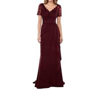 WISIYLE Abito da donna in chiffon con scollo a V per madre della sposa Una linea di applique in pizzo manica corta abiti da sera formali DSJC159, Borgogna, 50