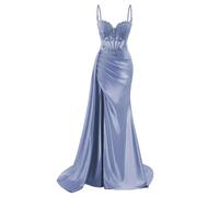 WISIYLE Abito da sera formale della sirena delle applicazioni del merletto dei vestiti da cocktail del raso della cinghia di spaghetti delle donne con la fessura alta DSJ013, Blu polvere., 58