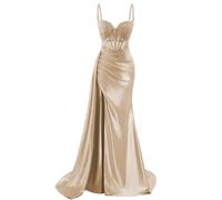 WISIYLE Abito da sera formale della sirena delle applicazioni del merletto dei vestiti da cocktail del raso della cinghia di spaghetti delle donne con la fessura alta DSJ013, Champagne, 60