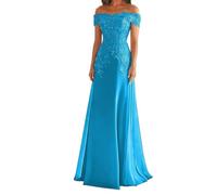 WISIYLE Manica ad aletta Madre della Sposa Abito per Matrimonio Chiffon Pizzo Applique Formale Sera Partito Maxi Abito WQL049, Blu oceano, 44