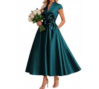 WISIYLE Off Spalla Madre della Sposa Abito da Tè Lunghezza Raso Fiore 3D Matrimonio Formale Sera Partito Maxi Abito WQL053, Foglia di t, 50