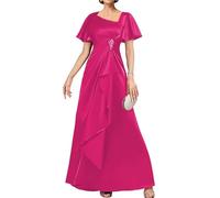 WISIYLE Ruffle Satin Madre della Sposa Abiti per Matrimonio Maniche Corte Una Linea Formale Madre Sposo Dress WQL145, Rosa acceso, 44