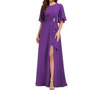 WISIYLE Scoop Neck Madre della Sposa Abito Maniche Corte Chiffon Formale Sera Partito Maxi Abito con Spacco WQL010, Viola, 38