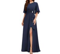 WISIYLE Scoop Neck Madre della Sposa Abito Maniche Corte Chiffon Formale Sera Partito Maxi Abito con Spacco WQL010, blu navy, 52 Più