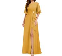 WISIYLE Scoop Neck Madre della Sposa Abito Maniche Corte Chiffon Formale Sera Partito Maxi Abito con Spacco WQL010, giallo senape., 38