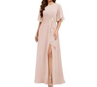 WISIYLE Scoop Neck Madre della Sposa Abito Maniche Corte Chiffon Formale Sera Partito Maxi Abito con Spacco WQL010, Rosa cipria, 52 Più